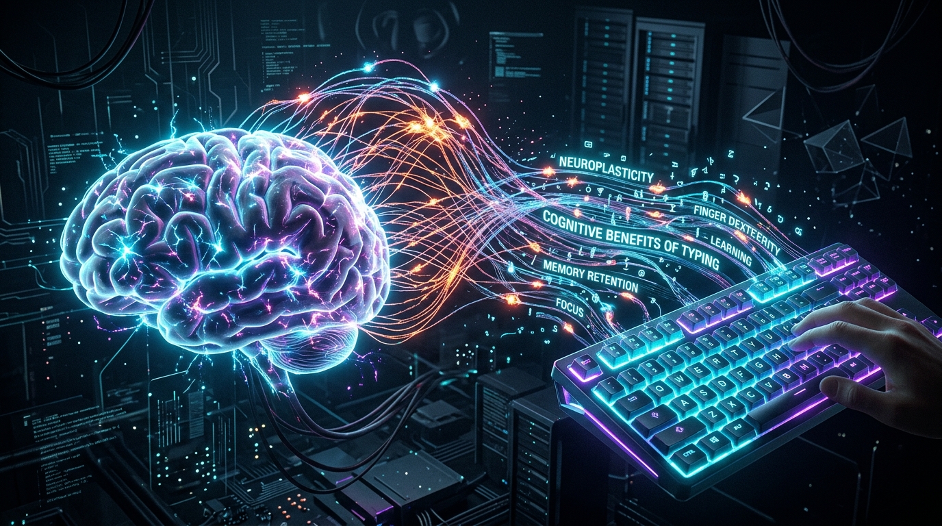 Brain and technology neural connection representing cognitive benefits of typing