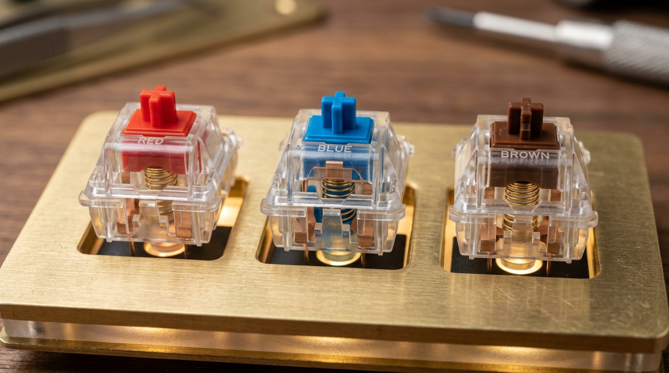 Macro photograph of Linear Red, Clicky Blue, and Tactile Brown Mechanical Keyboard Switches